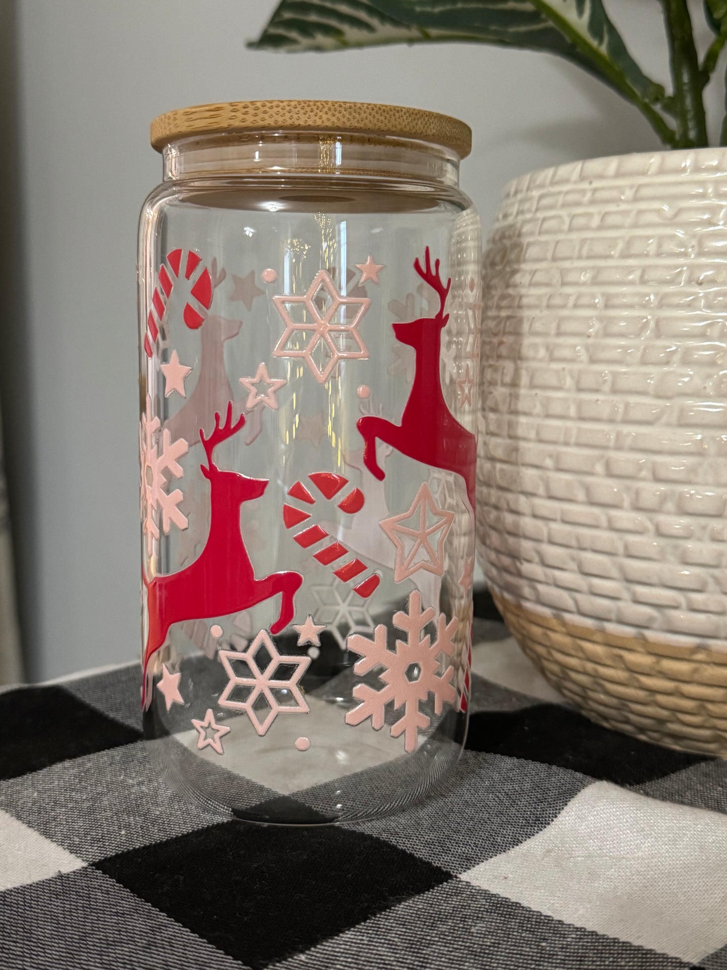 Red & Pink Christmas Reindeer 16 oz glass cup