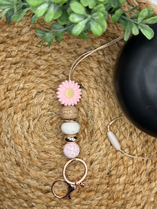 Faith Over Fear wooden bead w/ Pink Flower