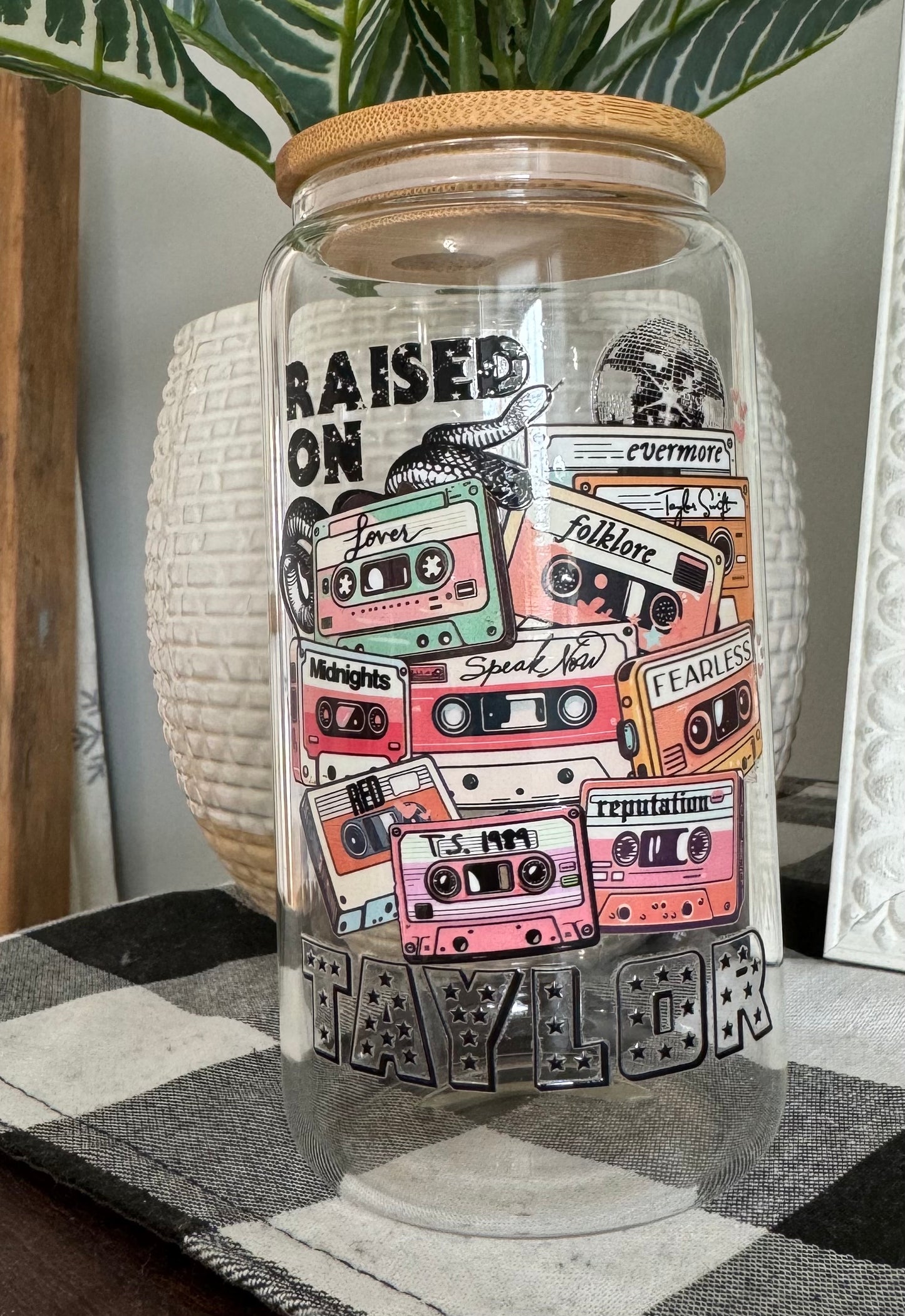 TS Raised on Taylor tapes 16oz Glass Cup