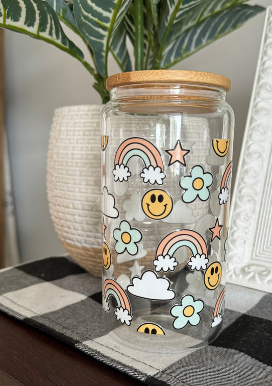 Rainbows & Smileys 16oz Glass Cup