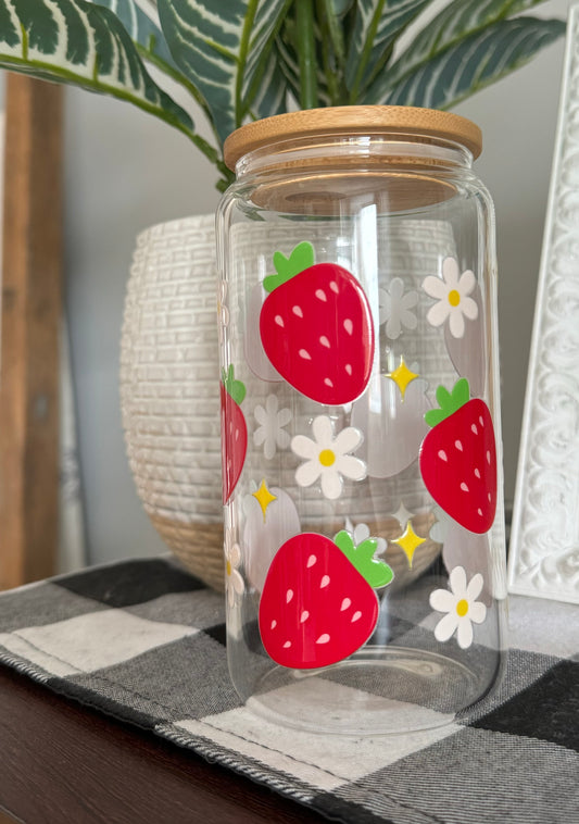 Strawberry & Daisies 16oz Glass Cup